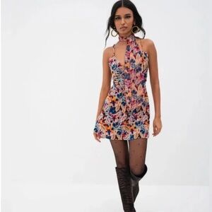 For Love And Lemons Colorful Velvet Floral Mini Dress w/ Scarf